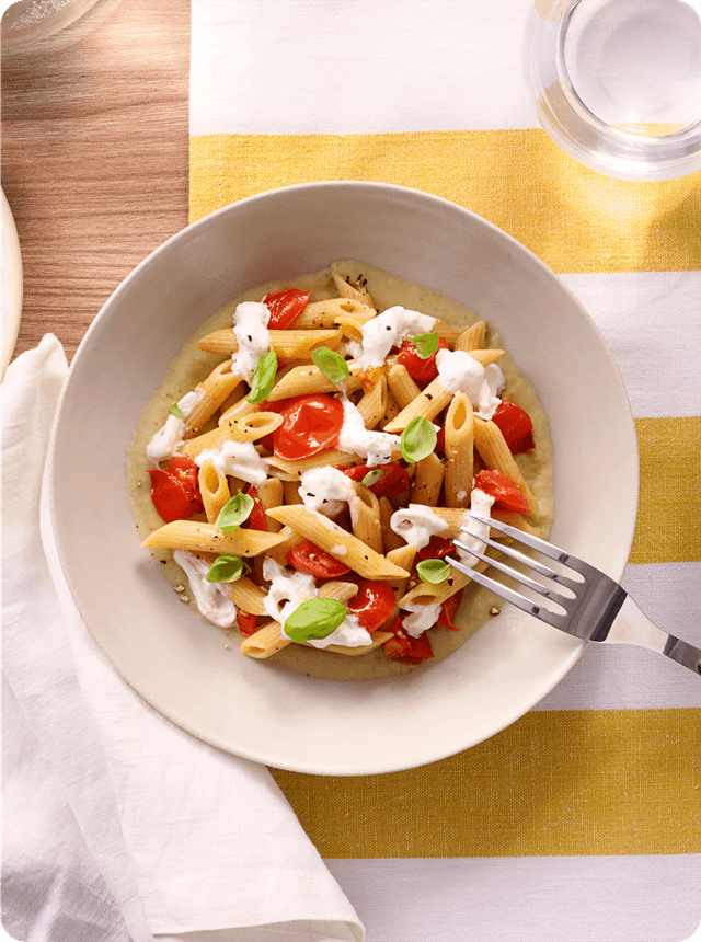 Barilla - Al Bronzo - PENNE RIGATE WITH CHERRY TOMATOES, CREAM OF AUBERGINE AND BURRATA