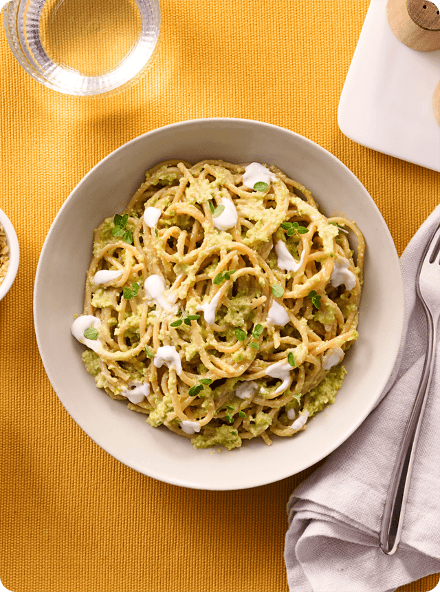 Barilla - Al Bronzo - SPAGHETTI WITH GREEN TOMATO PESTO, ROBIOLA AND HAZELNUTS